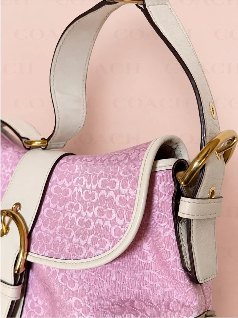 Coach Pink Jacquard Hobo Shoulder Bag with Cream Trim